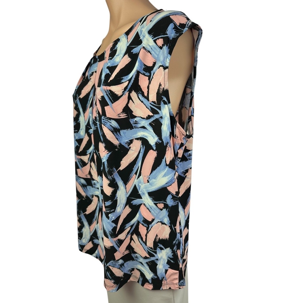 Kasper Size XL Pullover Blouse Black Blue Pink Abstract Sleeveless Poly/Elastane - Picture 2 of 5